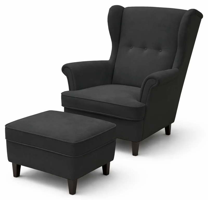 Ohrensessel Malmello mit Fußhocker, anthrazitfarbener Velours, pflegeleicht, schwarze Beine