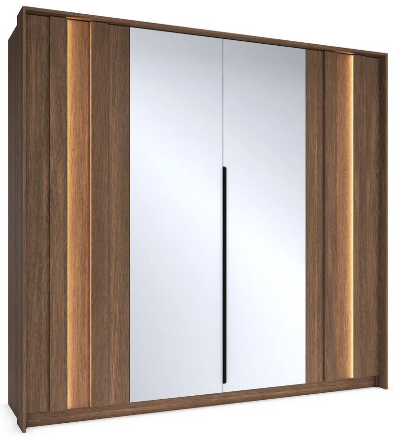 Vier­türiger Amaro-Kleiderschrank mit Spiegel und LED-Beleuchtung, 223 cm, Eiche Dunin