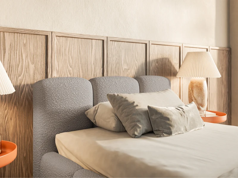 Gepolstertes Bett 90x200 cm Cloudy Low mit Bettkasten, Metallrahmen, hellgrauer Bouclé-Stoff