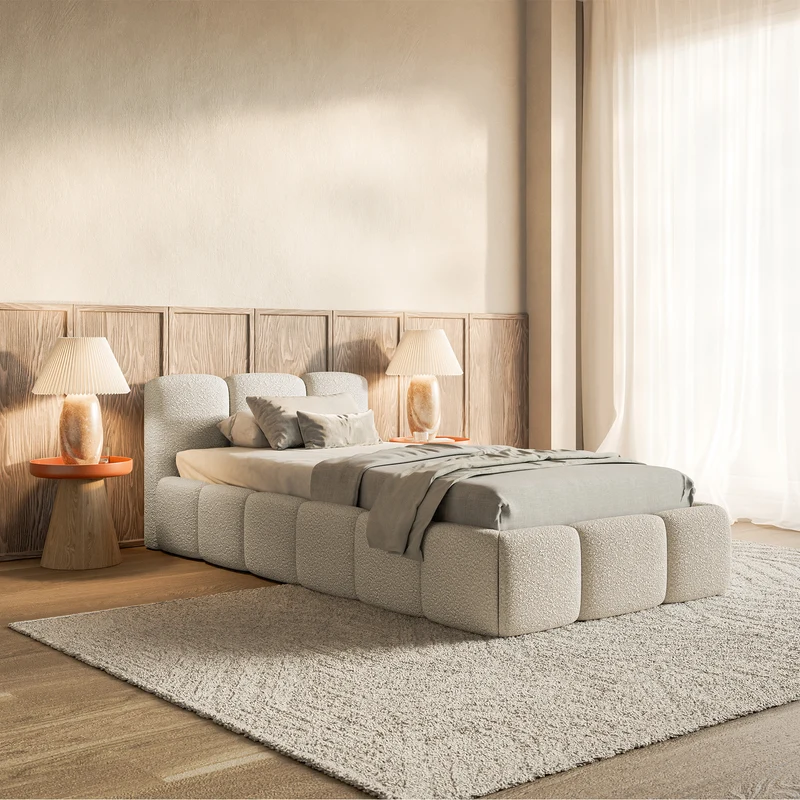 Polsterbett 90x200 cm Cloudy Low mit Stauraum, Metallrahmen, hellbeiges Bouclé