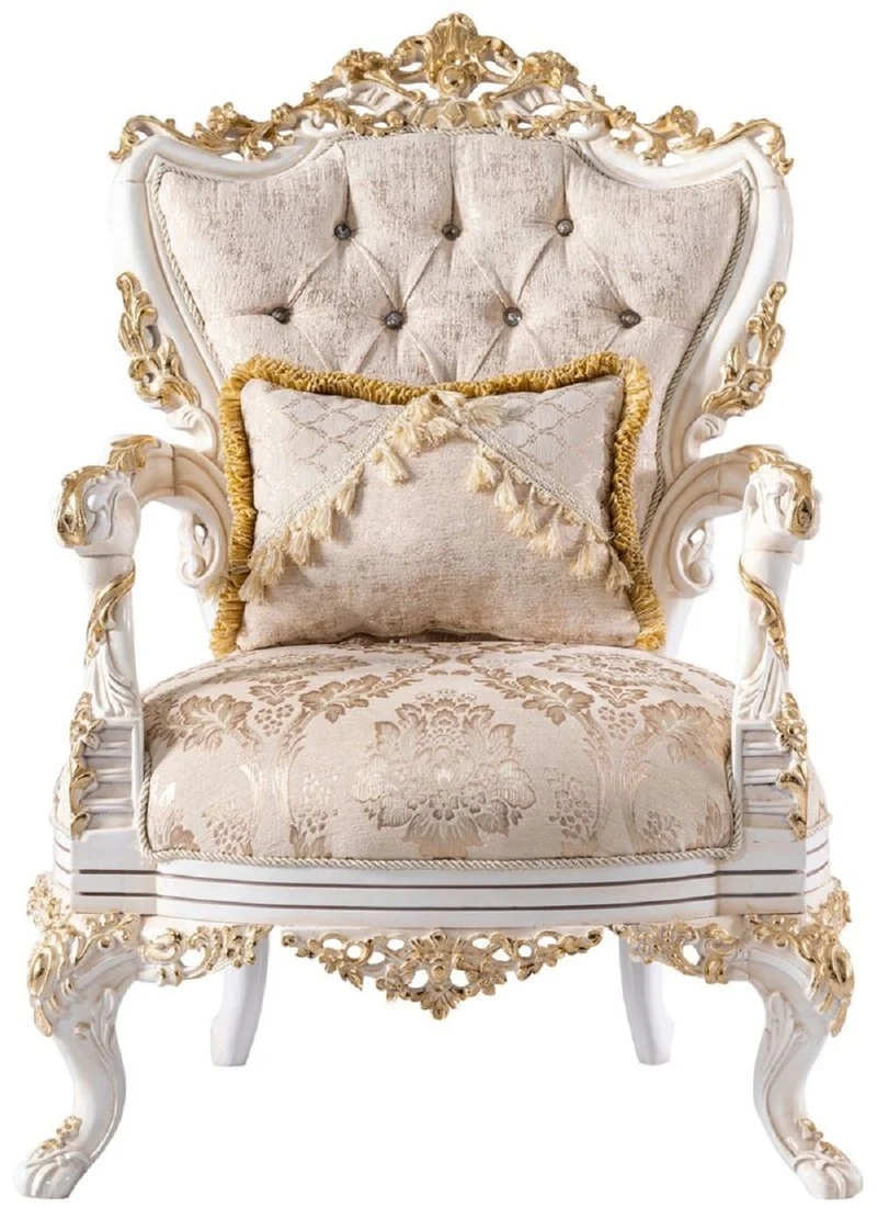 Casa Padrino Luxus Barock Sessel Beige / Weiß / Gold - Prunkvoller Wohnzimmer Sessel mit Glitzersteinen - Barockstil Wohnzimmer Möbel - Luxus Möbel im Barockstil - Edel & Prunkvoll