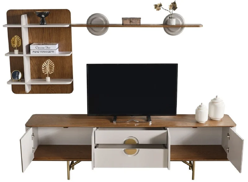 Casa Padrino Luxus Wohnzimmer TV Schrank Set Hellgrau / Braun / Messing - 1 TV Schrank & 1 Wandregal - Wohnzimmer Möbel - Massivholz Möbel - Luxus Möbel - Luxus Einrichtung