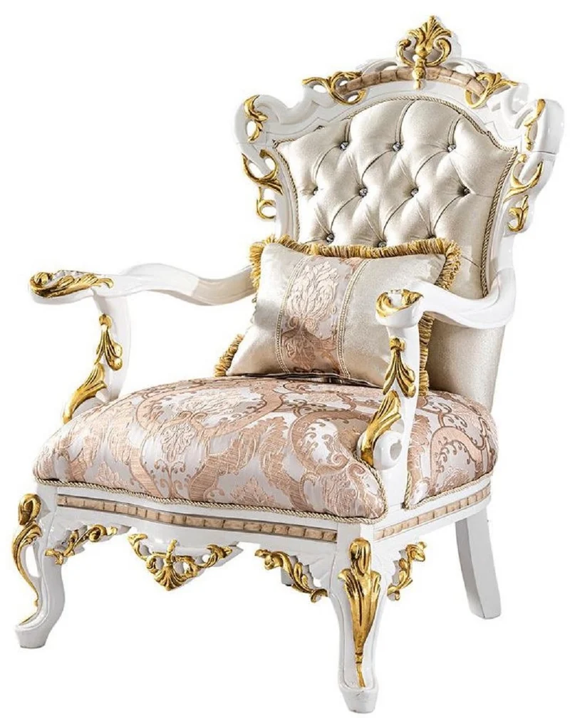 Casa Padrino Luxus Barock Sessel Gold / Silber / Braun / Weiß / Gold - Prunkvoller Wohnzimmer Sessel mit Glitzersteinen - Barockstil Wohnzimmer Möbel - Luxus Möbel im Barockstil - Edel & Prunkvoll