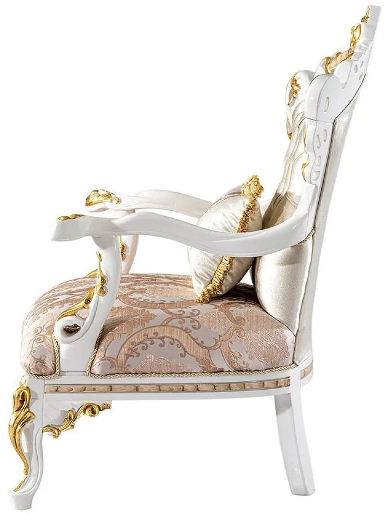 Casa Padrino Luxus Barock Sessel Gold / Silber / Braun / Weiß / Gold - Prunkvoller Wohnzimmer Sessel mit Glitzersteinen - Barockstil Wohnzimmer Möbel - Luxus Möbel im Barockstil - Edel & Prunkvoll