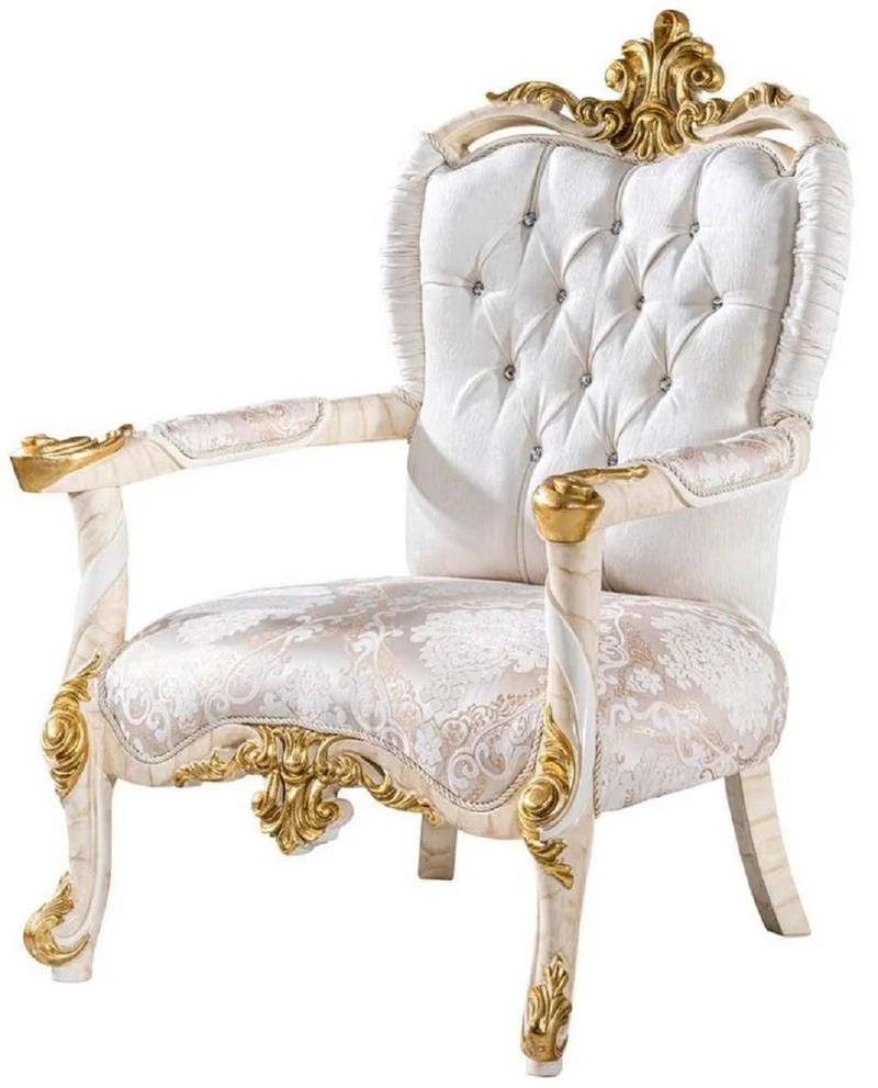 Casa Padrino Luxus Barock Sessel Weiß / Braun / Weiß / Beige / Gold - Prunkvoller Wohnzimmer Sessel mit Glitzersteinen - Barockstil Wohnzimmer Möbel - Luxus Möbel im Barockstil - Edel & Prunkvoll
