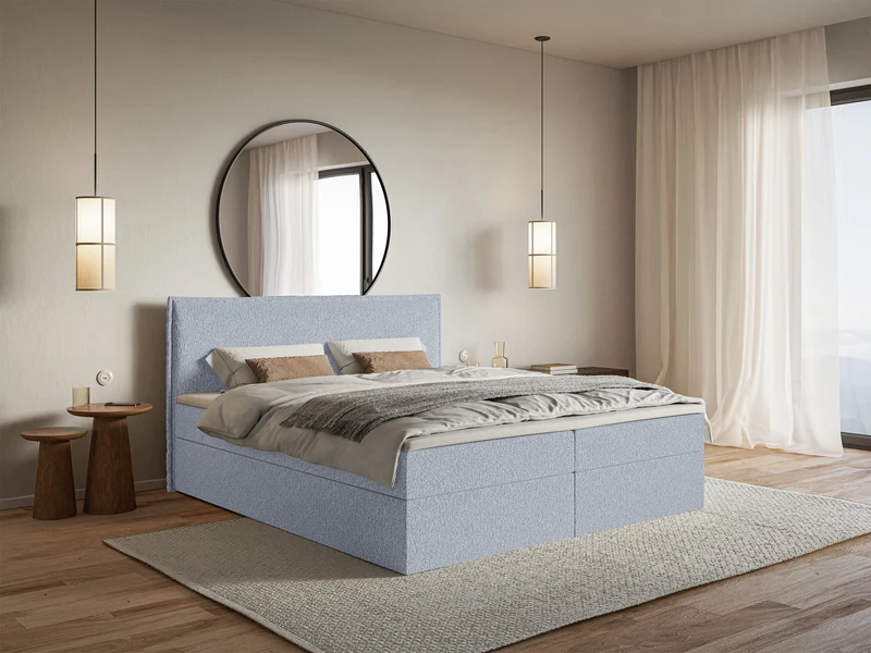 Kontinentalbett 160x200 cm Softie mit Stauraum und Topper, hellblauer Chenillestoff