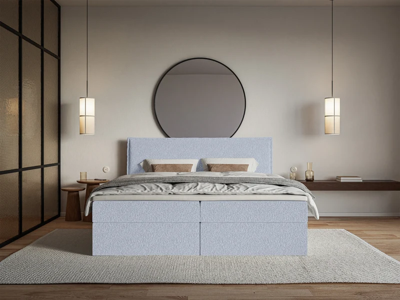 Kontinentalbett 160x200 cm Softie mit Stauraum und Topper, hellblauer Chenillestoff