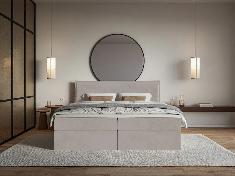 Kontinentalbett 180x200 cm Softie mit Stauraum und Topper, grau-brauner wasserabweisender Samt