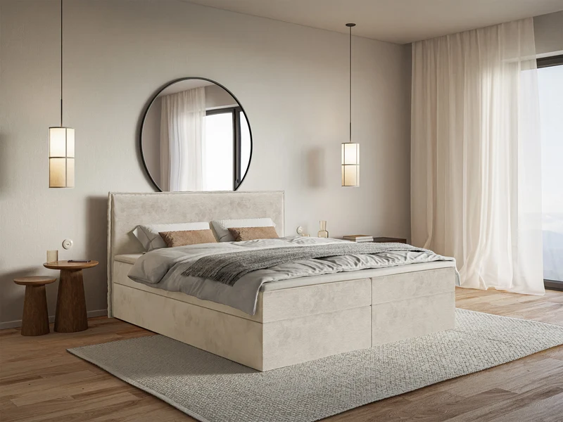 Kontinentalbett 140x200 cm Softie mit Stauraum und Topper, beige Velours, wasserabweisend