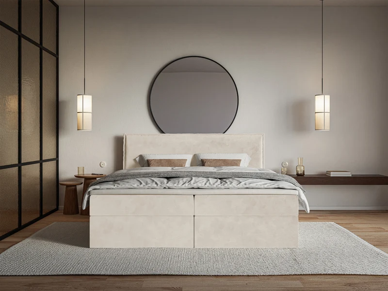 Kontinentalbett 140x200 cm Softie mit Stauraum und Topper, beige Velours, wasserabweisend