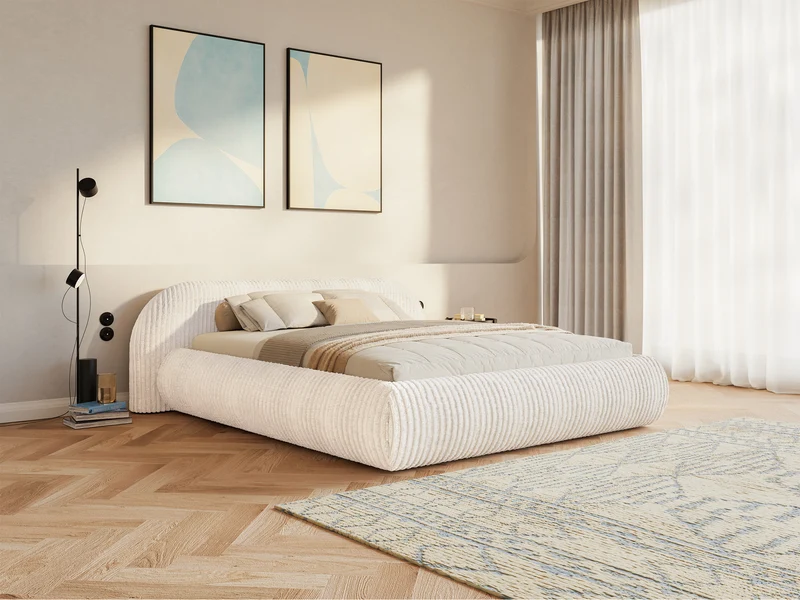 Polsterbett 180x200 cm Shels Low mit Stauraum, Metallrahmen, cremefarben, dicker Cordstoff