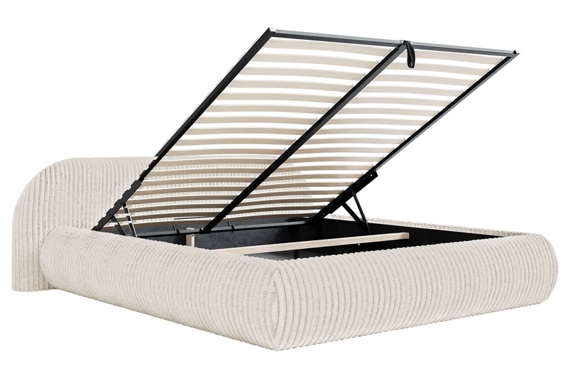 Polsterbett 180x200 cm Shels Low mit Stauraum, Metallrahmen, cremefarben, dicker Cordstoff