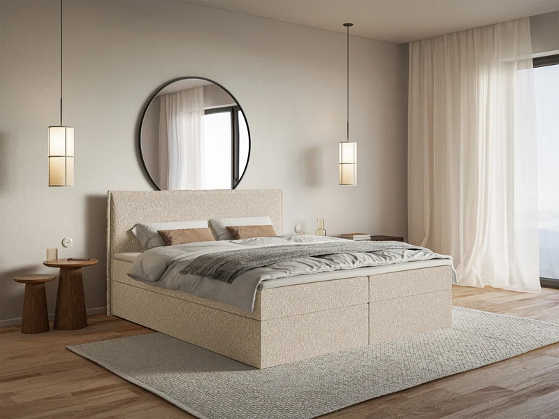 Kontinentalbett 140x200 cm Softie mit Stauraum und Topper, hellbeiger Chenille