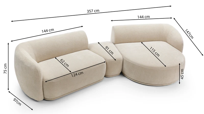 Modulares Ecksofa Bommo L-förmig mit Pouf, rechtsseitig, grauer Chenille-Stoff