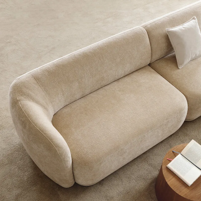 Modulare Eckcouch Bommo L-förmig mit Pouf, rechtsseitig, beige Chenille