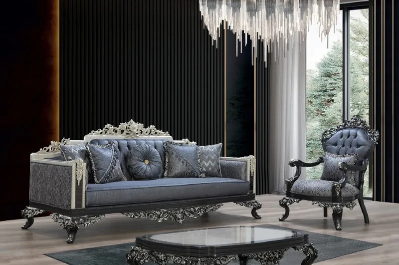 Casa Padrino Luxus Barock Sofa Blau / Grau / Weiß / Schwarz / Silber - Prunkvolles Wohnzimmer Sofa mit elegantem Muster - Barock Wohnzimmer & Hotel Möbel - Edel & Prunkvoll
