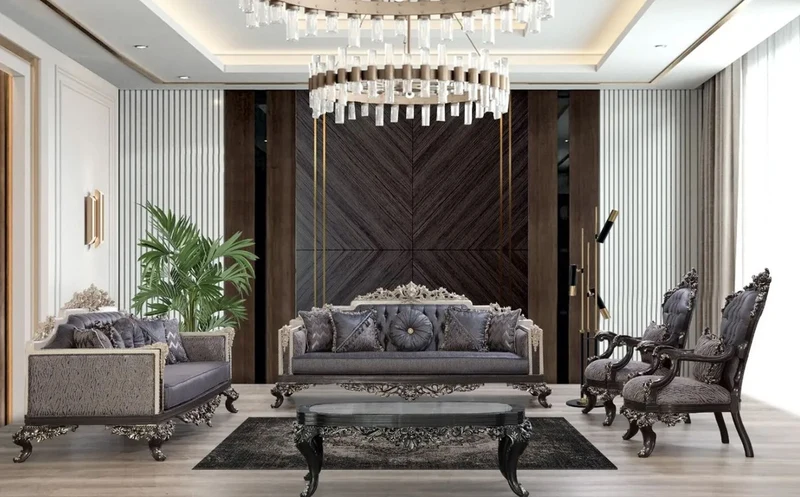 Casa Padrino Luxus Barock Sofa Blau / Grau / Weiß / Schwarz / Silber - Prunkvolles Wohnzimmer Sofa mit elegantem Muster - Barock Wohnzimmer & Hotel Möbel - Edel & Prunkvoll
