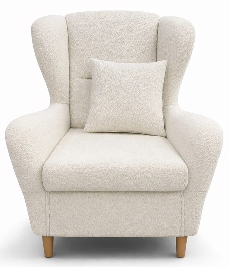 Ohrensessel Teddlo, cremefarbener Chenille, Beine aus Buche