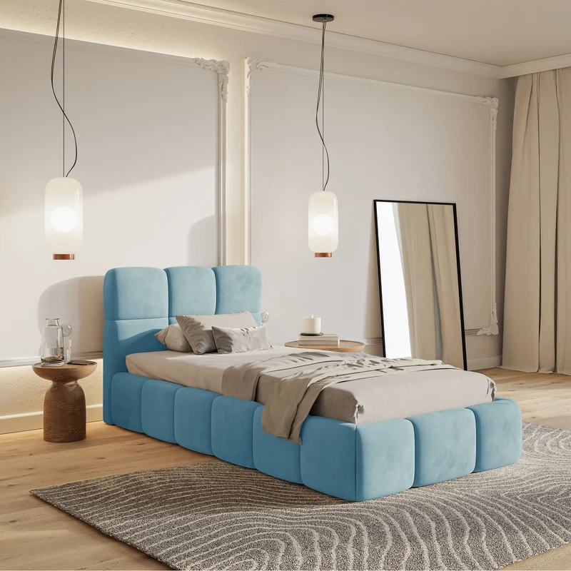 Polsterbett 90x200 cm Cloudy mit Stauraum, Metallrahmen, hellblauer Velours, wasserabweisend und pflegeleicht
