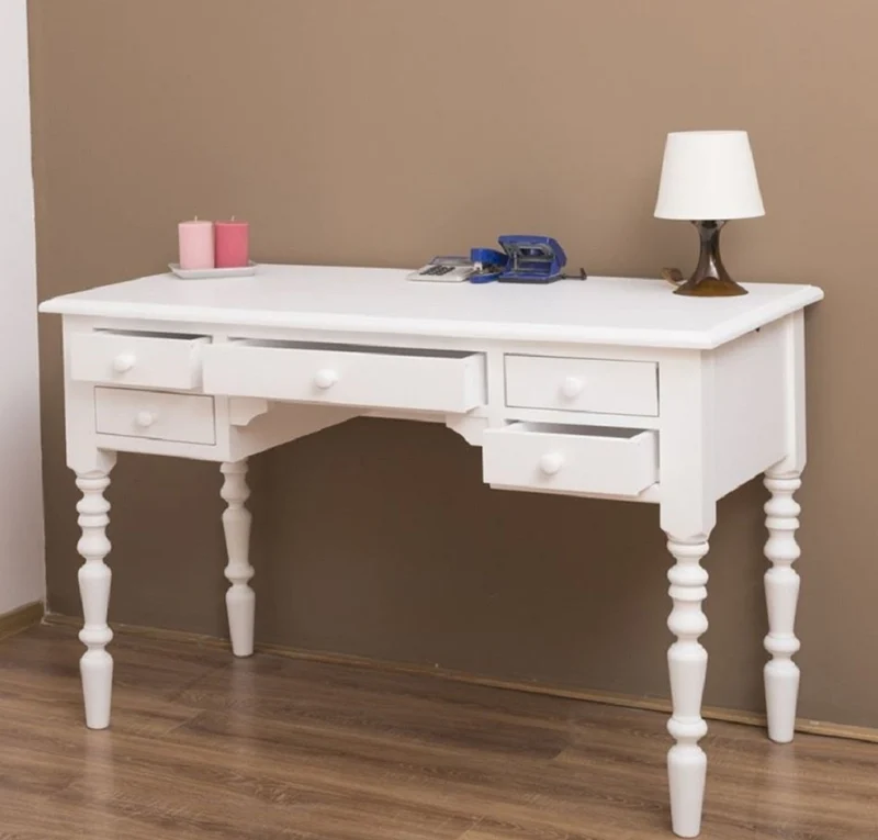 Casa Padrino Landhausstil Schreibtisch mit 5 Schubladen Weiß 130 x 65 x H. 83 cm - Massivholz Sekretär im Landhausstil - Büro Möbel - Massivholz Möbel - Landhausstil Möbel