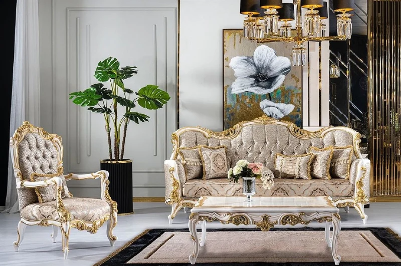 Casa Padrino Luxus Barock Sessel Silber / Beige / Schwarz / Weiß / Gold - Prunkvoller Wohnzimmer Sessel mit Glitzersteinen - Barockstil Wohnzimmer Möbel - Luxus Möbel im Barockstil