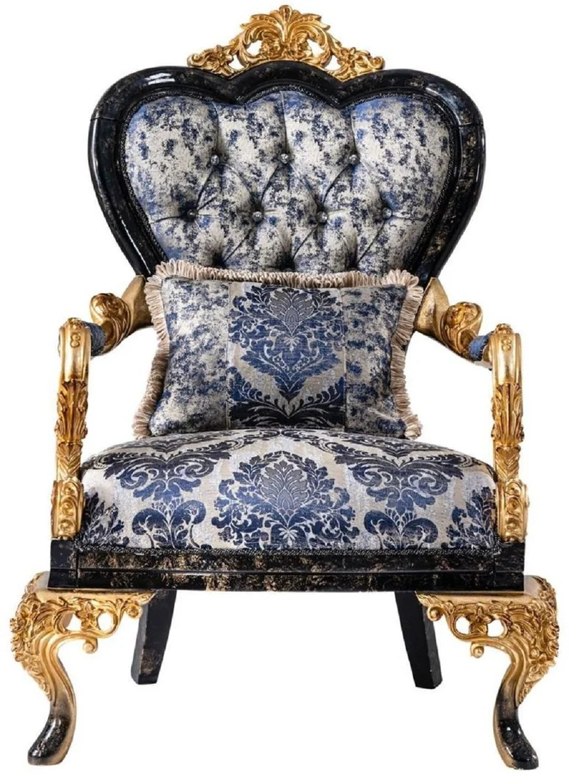 Casa Padrino Luxus Barock Sessel Blau / Schwarz / Gold - Prunkvoller Wohnzimmer Sessel - Barockstil Wohnzimmer Möbel - Luxus Möbel im Barockstil - Barock Einrichtung - Wohnzimmer Einrichtung