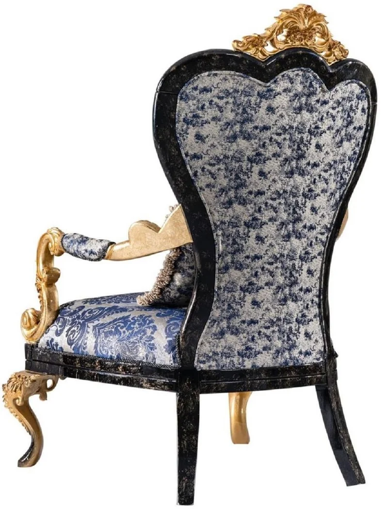 Casa Padrino Luxus Barock Sessel Blau / Schwarz / Gold - Prunkvoller Wohnzimmer Sessel - Barockstil Wohnzimmer Möbel - Luxus Möbel im Barockstil - Barock Einrichtung - Wohnzimmer Einrichtung