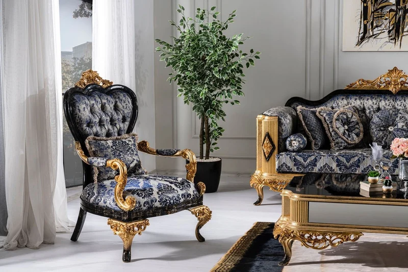 Casa Padrino Luxus Barock Sessel Blau / Schwarz / Gold - Prunkvoller Wohnzimmer Sessel - Barockstil Wohnzimmer Möbel - Luxus Möbel im Barockstil - Barock Einrichtung - Wohnzimmer Einrichtung