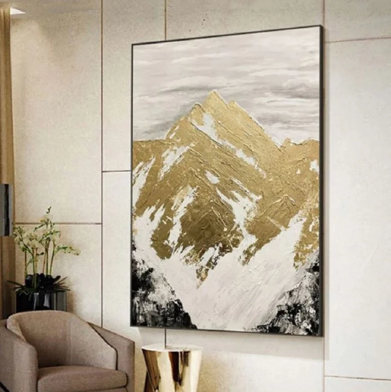 Casa Padrino Luxus Designer Ölgemälde Gebirge Gold / Weiß / Grau / Schwarz 120 x H. 170 cm - Handgemaltes Gemälde mit Metallrahmen - Luxus Wand Deko - Designer Wand Deko - Luxus Qualität