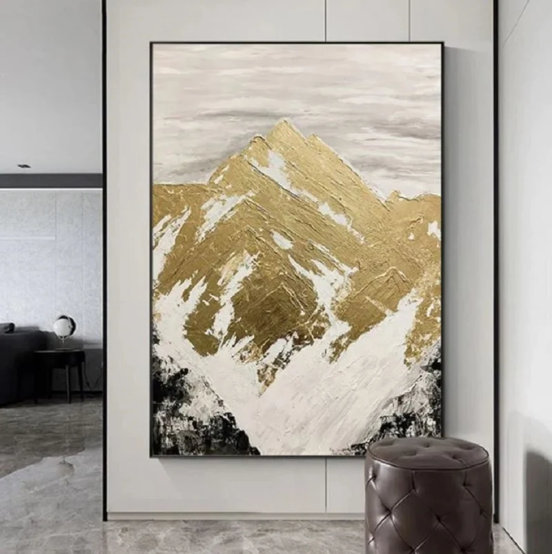Casa Padrino Luxus Designer Ölgemälde Gebirge Gold / Weiß / Grau / Schwarz 120 x H. 170 cm - Handgemaltes Gemälde mit Metallrahmen - Luxus Wand Deko - Designer Wand Deko - Luxus Qualität