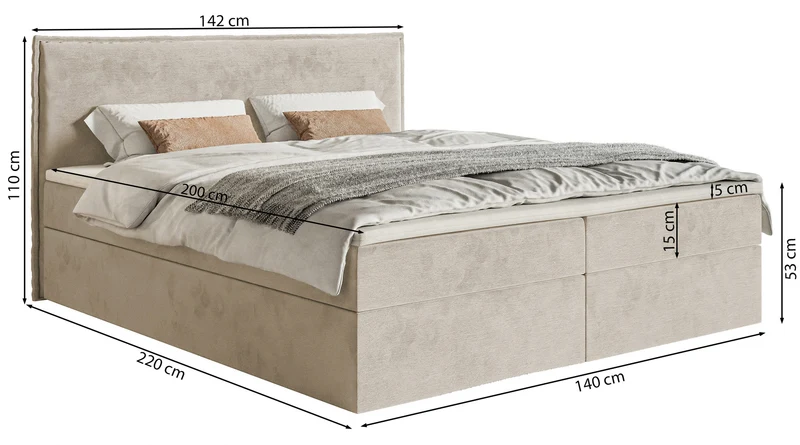 Kontinentalbett 140x200 cm Softie mit Stauraum und Topper, beige Velours, wasserabweisend