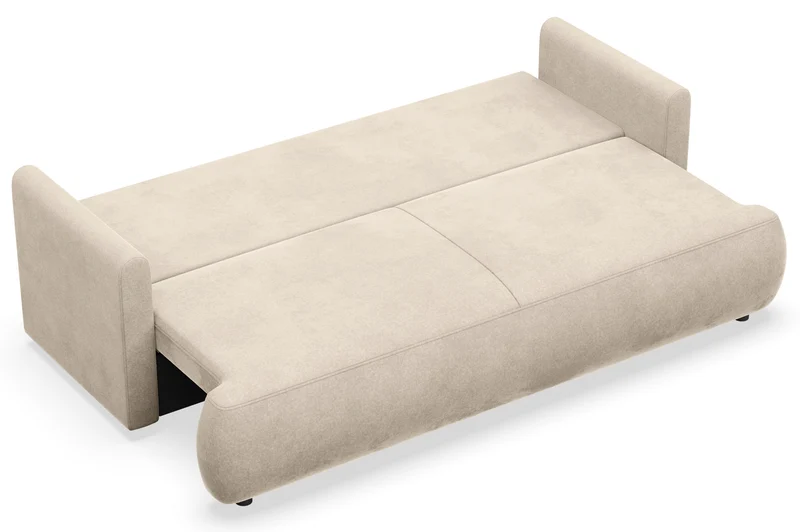 Drei-Sitzer-Schlafsofa Ovo Mini mit Stauraum, hellbeiger Samt, pflegeleicht