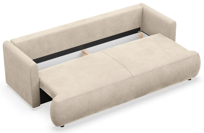 Drei-Sitzer-Schlafsofa Ovo Mini mit Stauraum, hellbeiger Samt, pflegeleicht