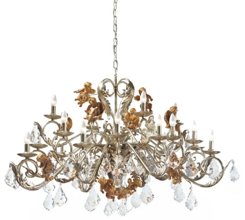 Casa Padrino Luxus Jugendstil Kronleuchter Engel Silber / Gold Ø 140 x H. 100 cm - Eleganter Metall Kronleuchter mit Swarovski Kristallglas - Barock & Jugendstil Leuchten