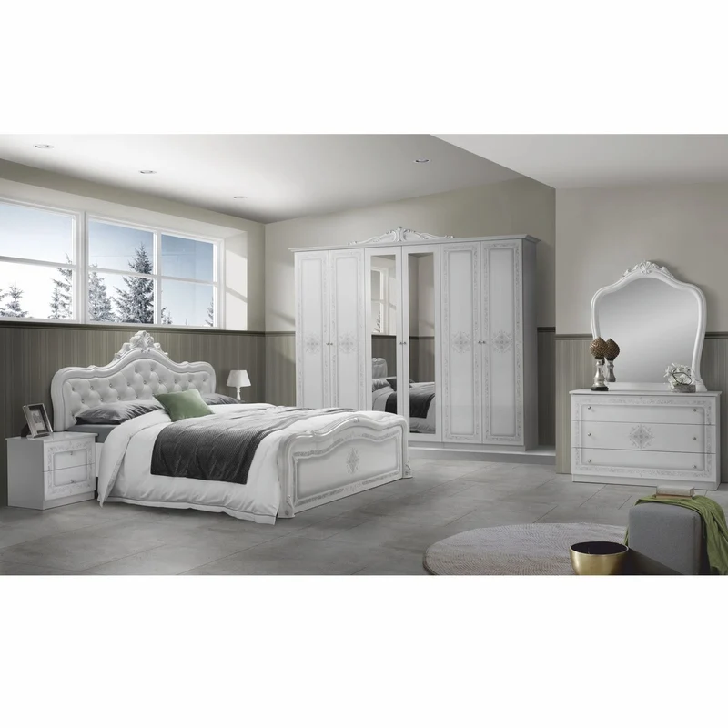 Casa Padrino Luxus Barock Doppelbett mit Glitzersteinen Weiß / Grau - Barock Schlafzimmer Möbel
