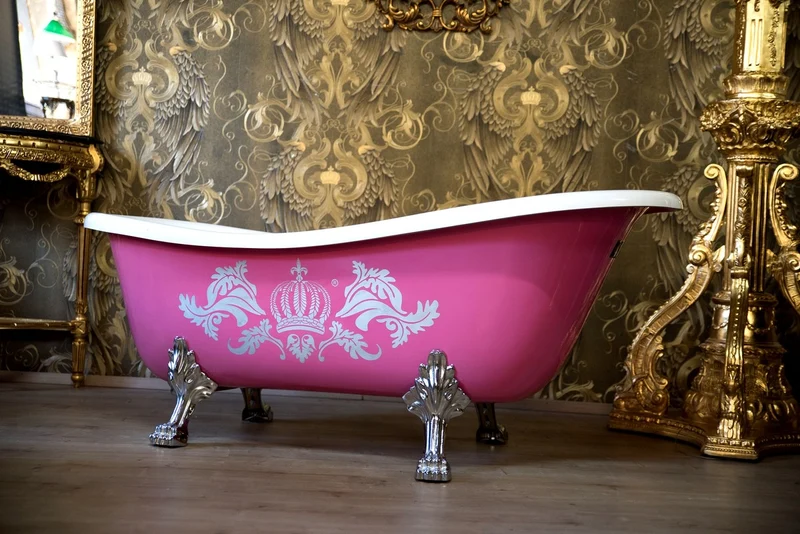 Casa Pompöös by Casa Padrino Luxus Badewanne Deluxe freistehend Pink / Silber / Weiß 1695mm mit Löwenfüssen