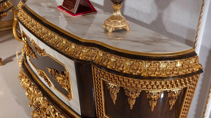 Casa Padrino Luxus Barock TV Schrank Weiß / Dunkelbraun / Gold - Prunkvolles Massivholz Sideboard mit Marmoroptik - Barock Wohnzimmer Möbel - Edel & Prunkvoll