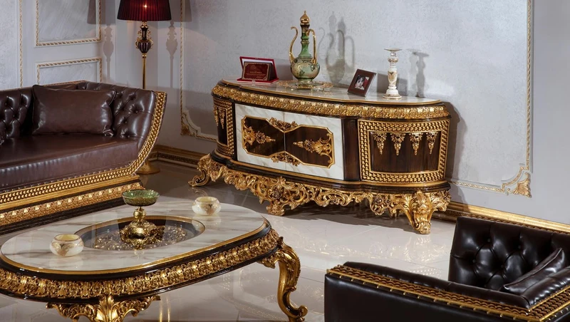 Casa Padrino Luxus Barock TV Schrank Weiß / Dunkelbraun / Gold - Prunkvolles Massivholz Sideboard mit Marmoroptik - Barock Wohnzimmer Möbel - Edel & Prunkvoll