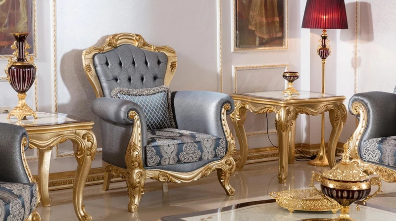 Casa Padrino Luxus Barock Sessel Blau / Gold - Handgefertigter Barockstil Wohnzimmer Sessel mit elegantem Muster - Barock Wohnzimmer Möbel - Edel & Prunkvoll