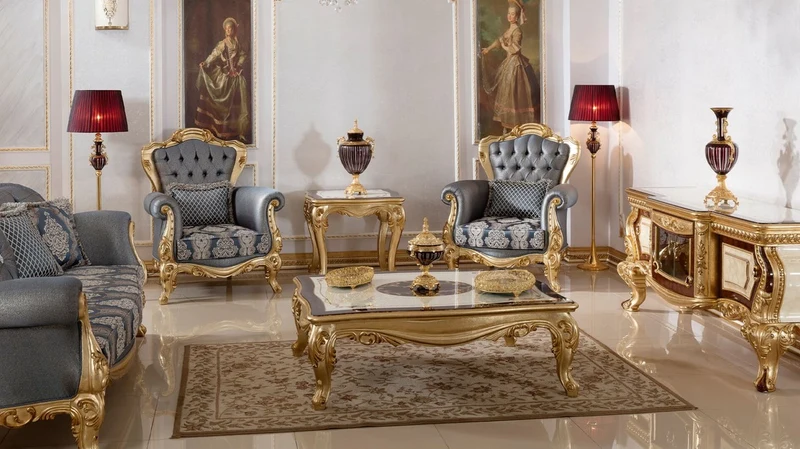 Casa Padrino Luxus Barock Sessel Blau / Gold - Handgefertigter Barockstil Wohnzimmer Sessel mit elegantem Muster - Barock Wohnzimmer Möbel - Edel & Prunkvoll