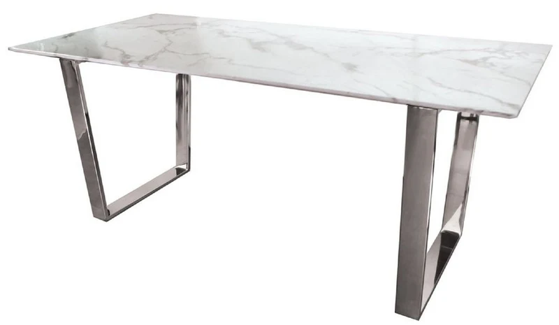 Casa Padrino Luxus Esstisch Weiß / Silber 160 x 80 x H. 75 cm - Esszimmer Tisch mit Kunstmarmor Tischplatte - Esszimmer Möbel - Luxus Möbel - Luxus Einrichtung