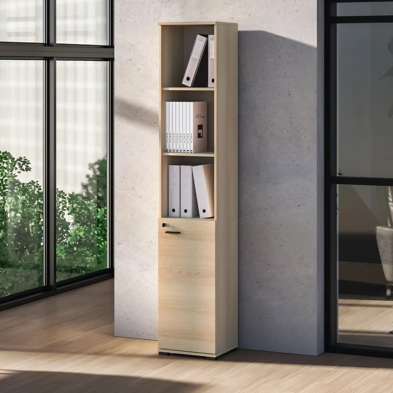 Einzeltür-Regal Odelis mit drei offenen Regalböden, 39 cm, Lindberg-Eiche