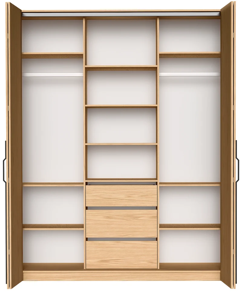 Zweiturige Bari-Garderobe mit drei Schubladen, 200 cm, Eiche Bookmatch