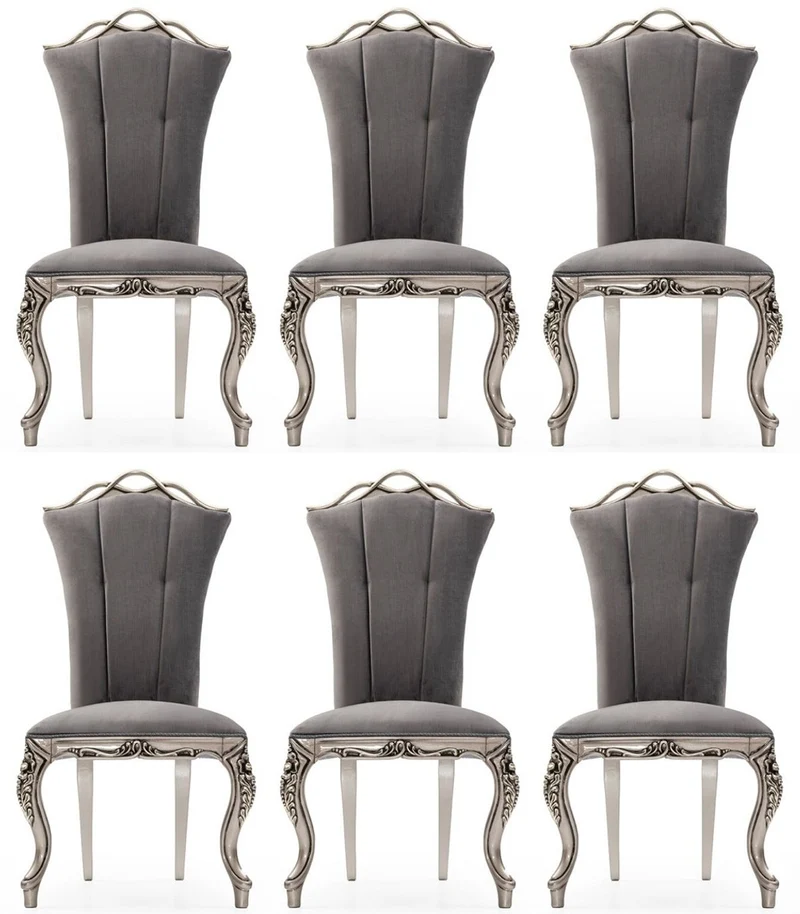 Casa Padrino Luxus Barock Esszimmer Stuhl 6er Set Grau / Silber - Prunkvolle Barockstil Küchen Stühle - Luxus Esszimmer Möbel im Barockstil - Barock Esszimmer Möbel - Barockstil Möbel