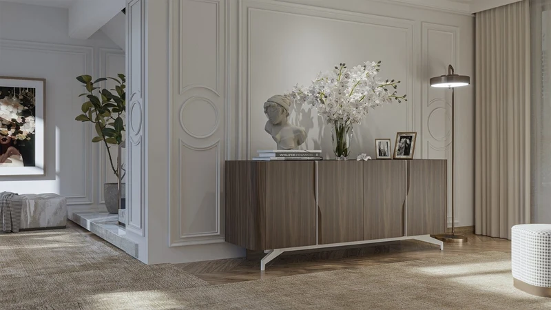 Casa Padrino Luxus Sideboard Braun / Weiß 220 x 50,8 x H. 87 cm - Massivholz Schrank mit 4 Türen - Massivholz Möbel - Luxus Möbel - Luxus Einrichtung