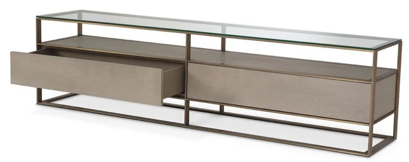 Casa Padrino Luxus Fernsehschrank 220 x 46 x H. 56,5 cm - Sideboard mit Glasplatte und 2 Schubladen - Luxus Wohnzimmer Möbel