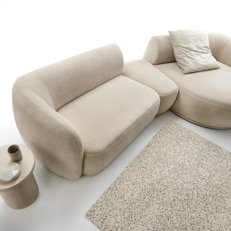 Modulare Eckcouch Bommo L-förmig mit Pouf, rechtsseitig, beige Chenille