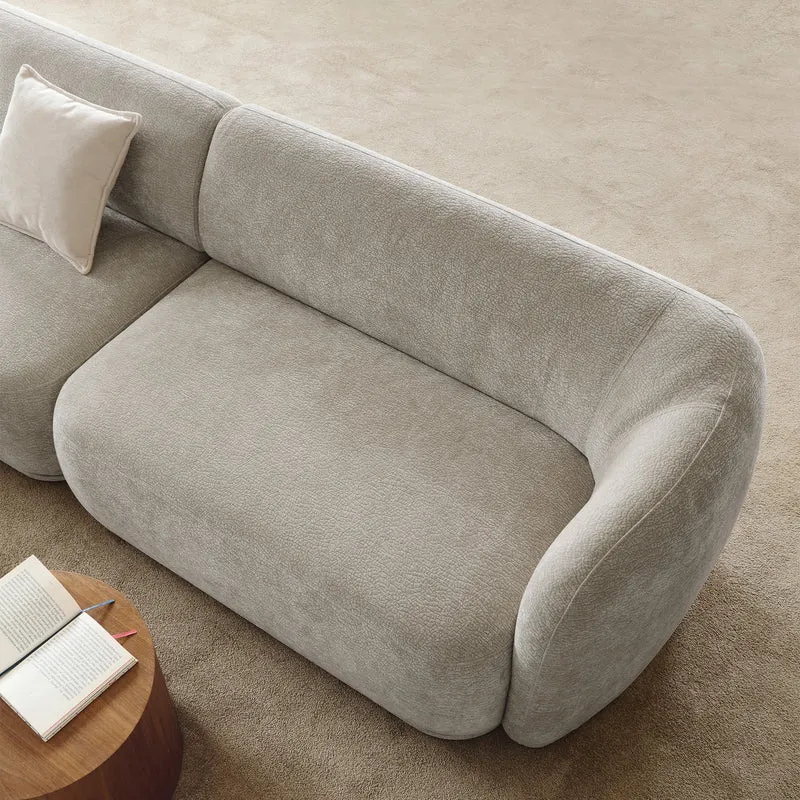 Modulare Eckcouch Bommo in L-Form mit Hocker, linksseitig, grau-beige Chenille