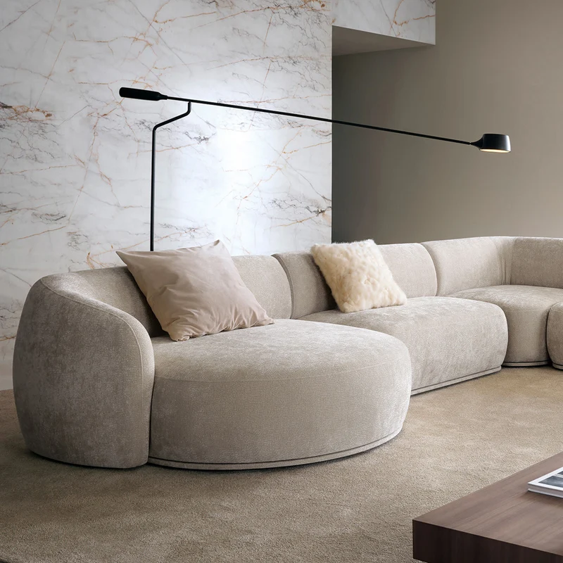 Modulare Eckcouch Bommo in L-Form mit Hocker, linksseitig, grau-beige Chenille