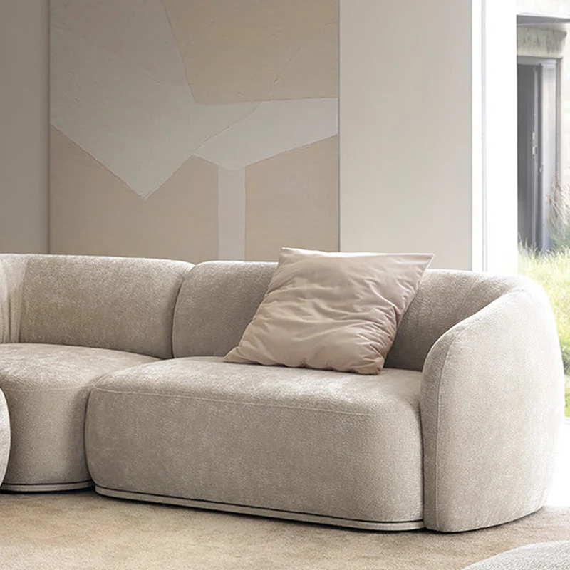Modulare Eckcouch Bommo in L-Form mit Hocker, linksseitig, grau-beige Chenille